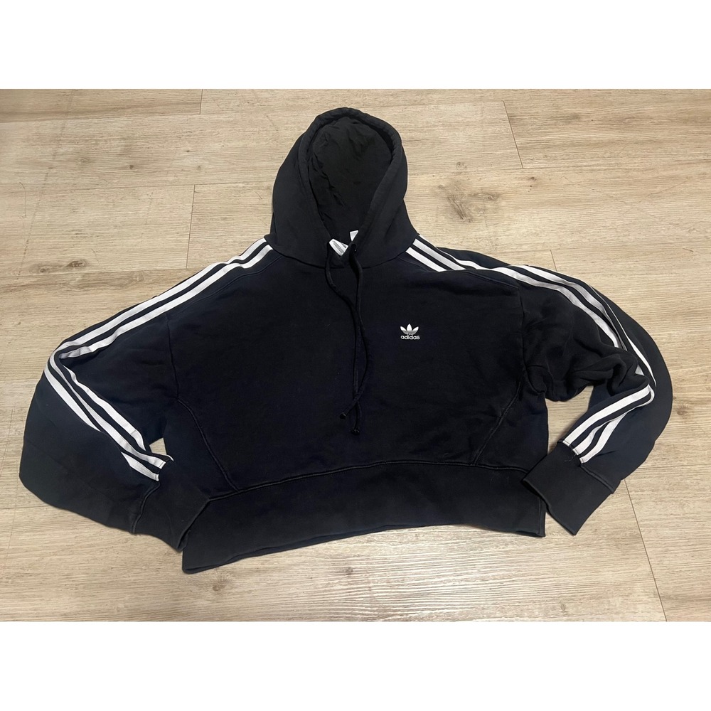 Adidas Women's Cropped Hoodie Black 3‎ Stripes Pullover Sweatshirt Size Small